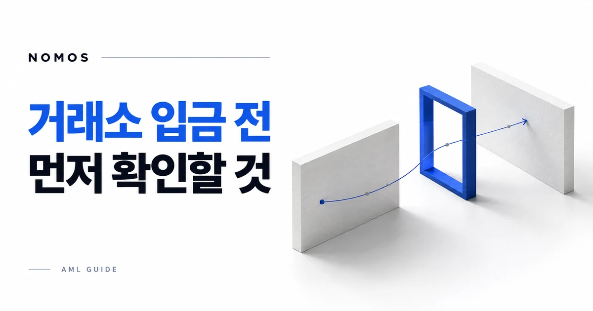 거래 경로가 파란 점검 프레임을 지나 목적지로 이어지는 일러스트